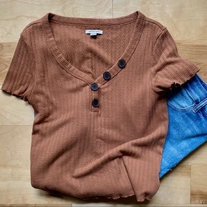 American Eagle Ribbed V-Neck Top with Buttons